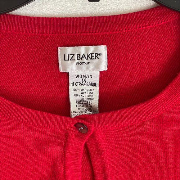 Liz Baker 1X Holiday Sequin Embellished Red Cardigan Sweater Long Sleeve Buttons - Picture 3 of 5